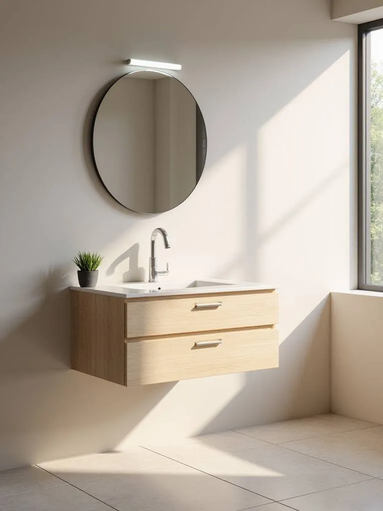 A modern bathroom design featuring a wall-mounted vanity with a drawer, showcasing the spaciousness it creates.