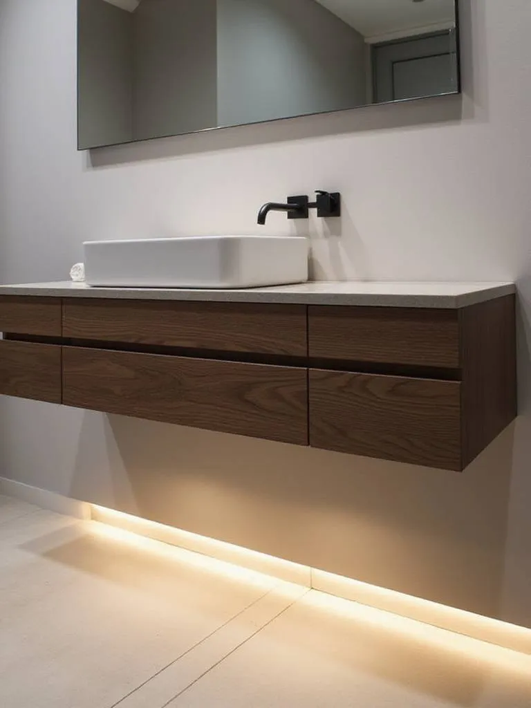 Modern bathroom with a dark walnut floating vanity and LED lighting.
