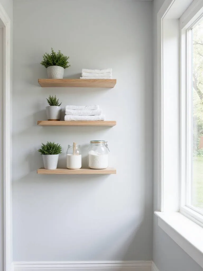 Modern bathroom with light wood floating shelves displaying towels, plants, and bath accessories.