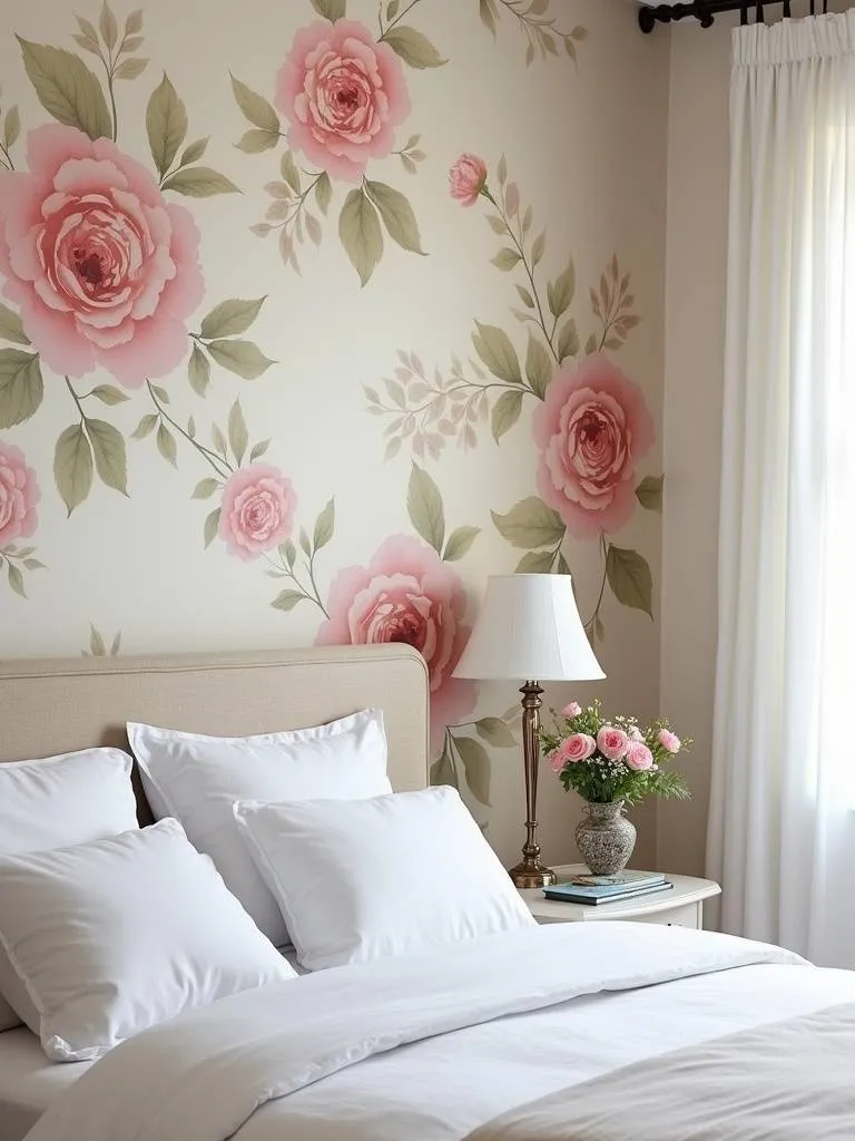 Bedroom with pink rose floral wallpaper feature wall