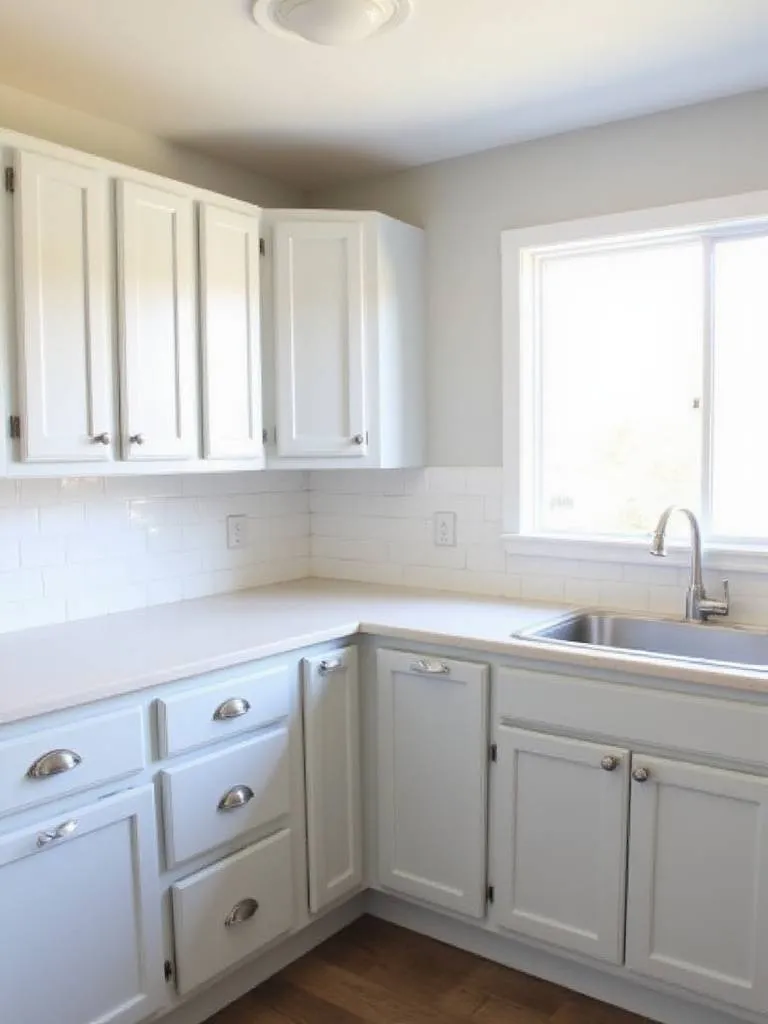 Budget-friendly kitchen upgrade featuring refinished cabinets, new hardware, and updated lighting.