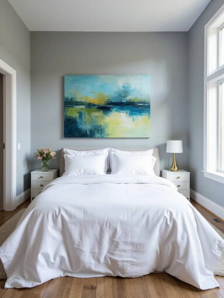 Bedroom with a large abstract painting as a statement piece