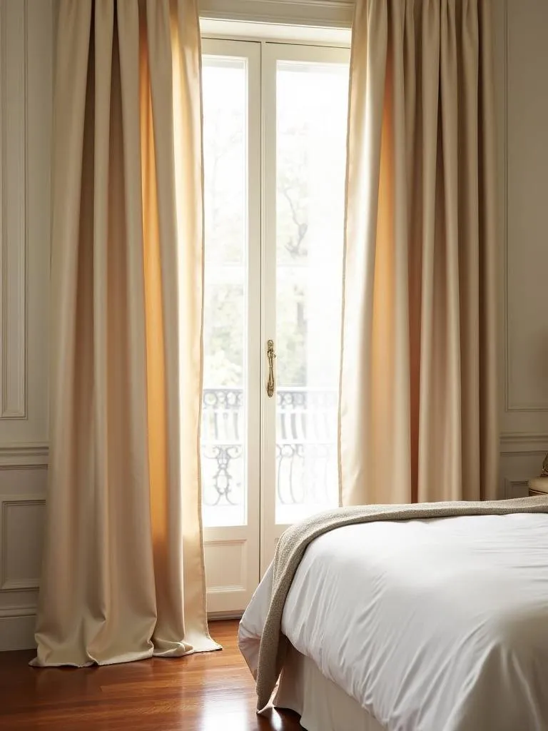Luxury bedroom with custom-made champagne silk drapes framing the windows.