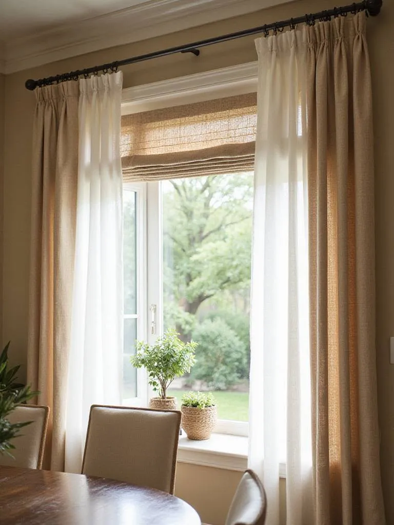 Dining room with layered window treatments: sheer curtains and linen drapes.