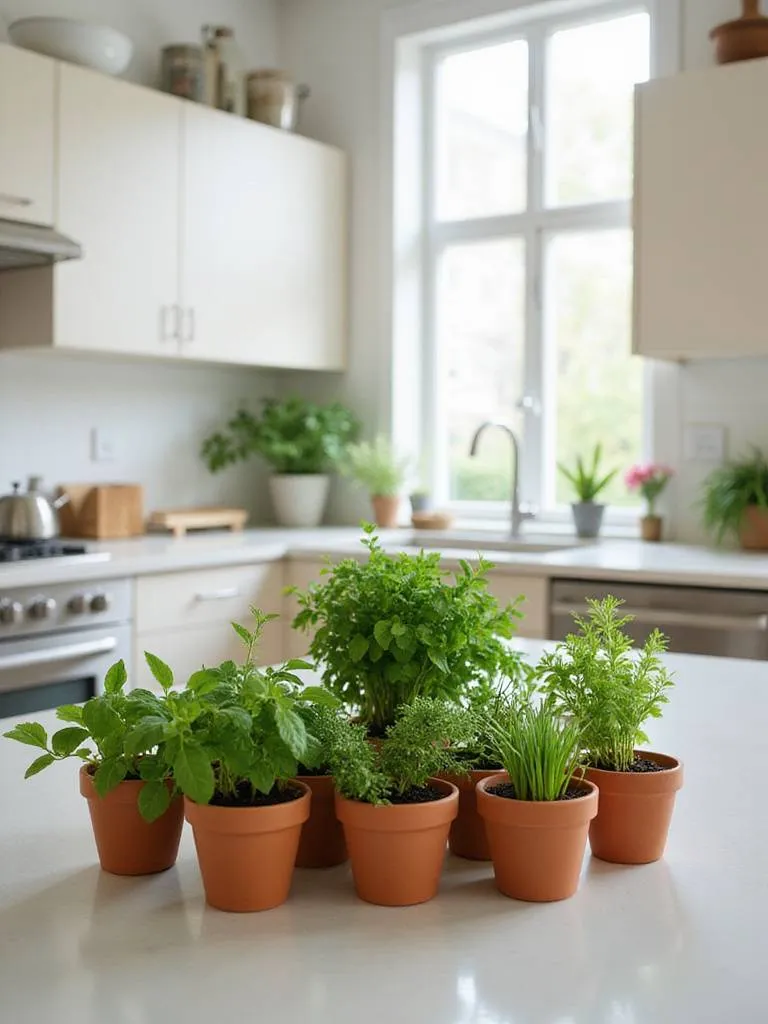 Modern kitchen counter with thriving indoor herb garden in terracotta pots.