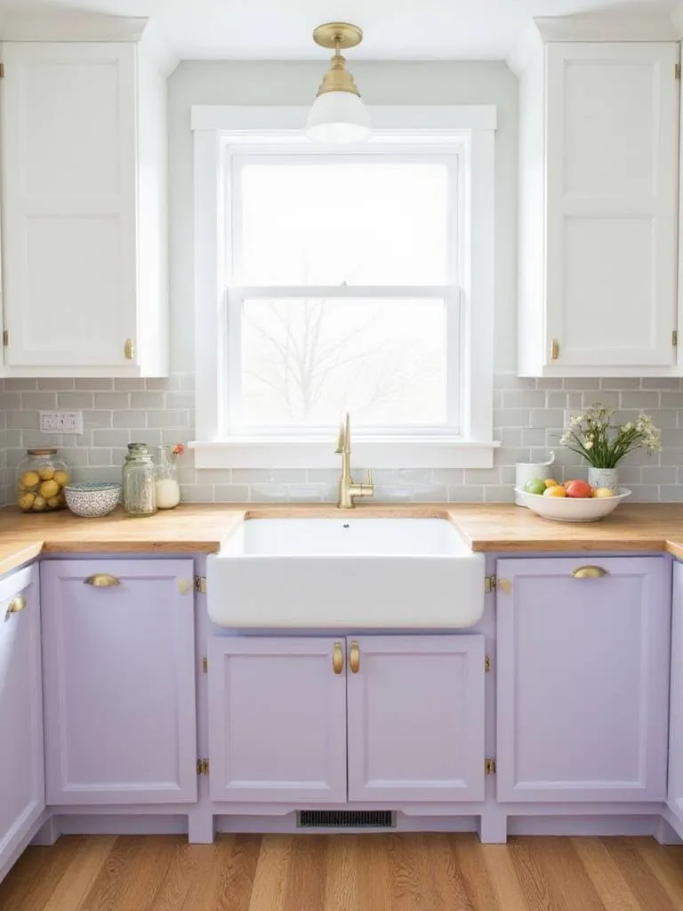 Calming kitchen design with soft lavender cabinets and white countertops.