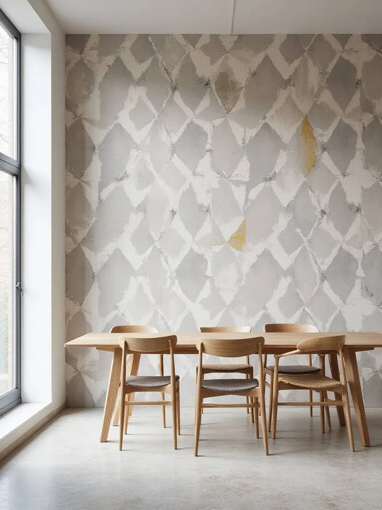 Modern dining room with grey and cream geometric wallpaper accent wall
