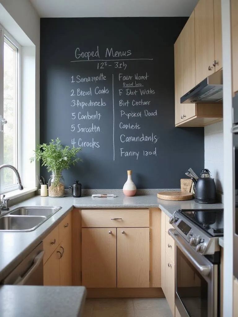 Kitchen wall with chalkboard paint displaying a handwritten weekly menu.