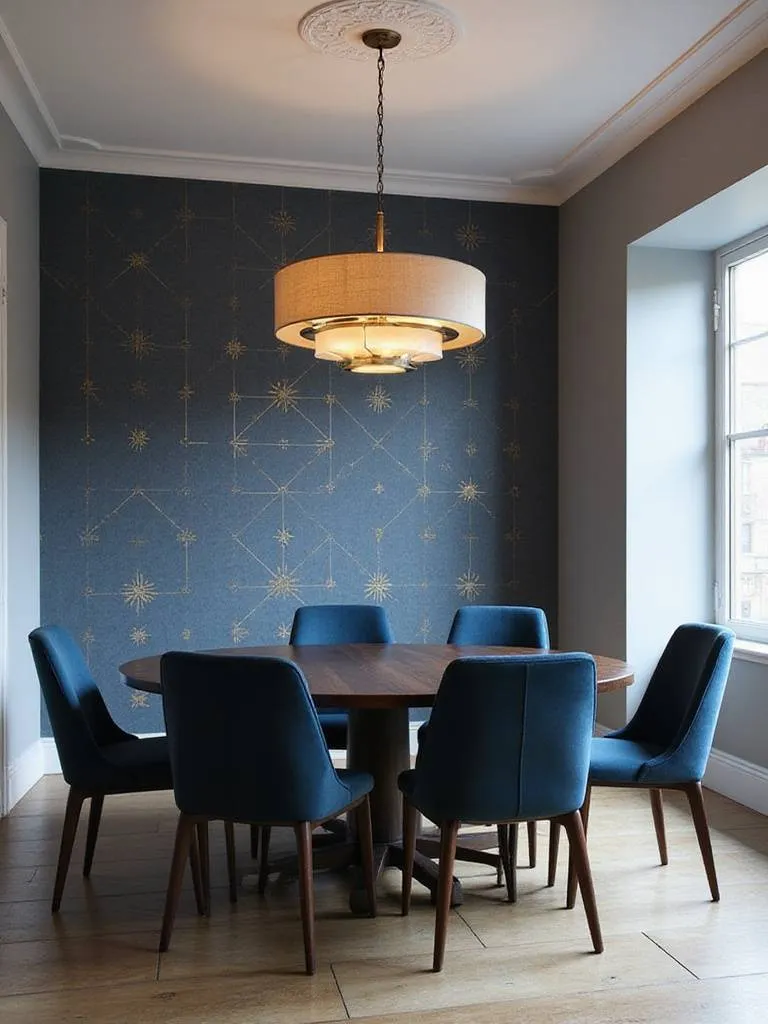 Dining room with navy blue and gold geometric wallpaper accent wall.