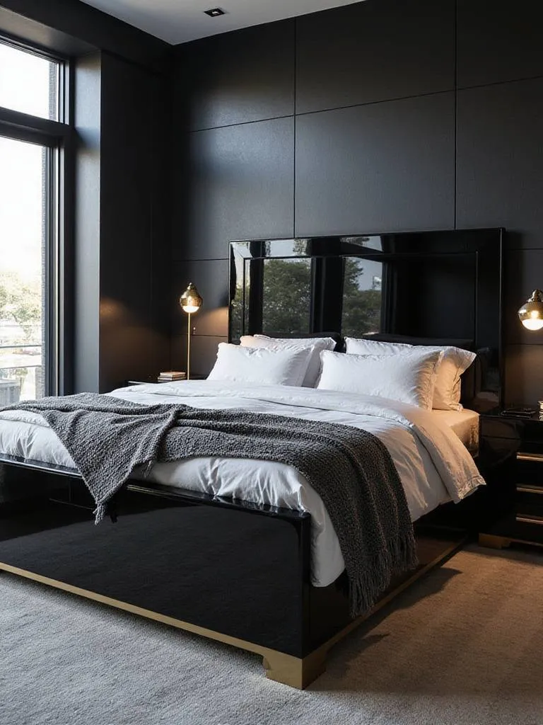 Modern black bedroom with glossy black headboard and nightstands