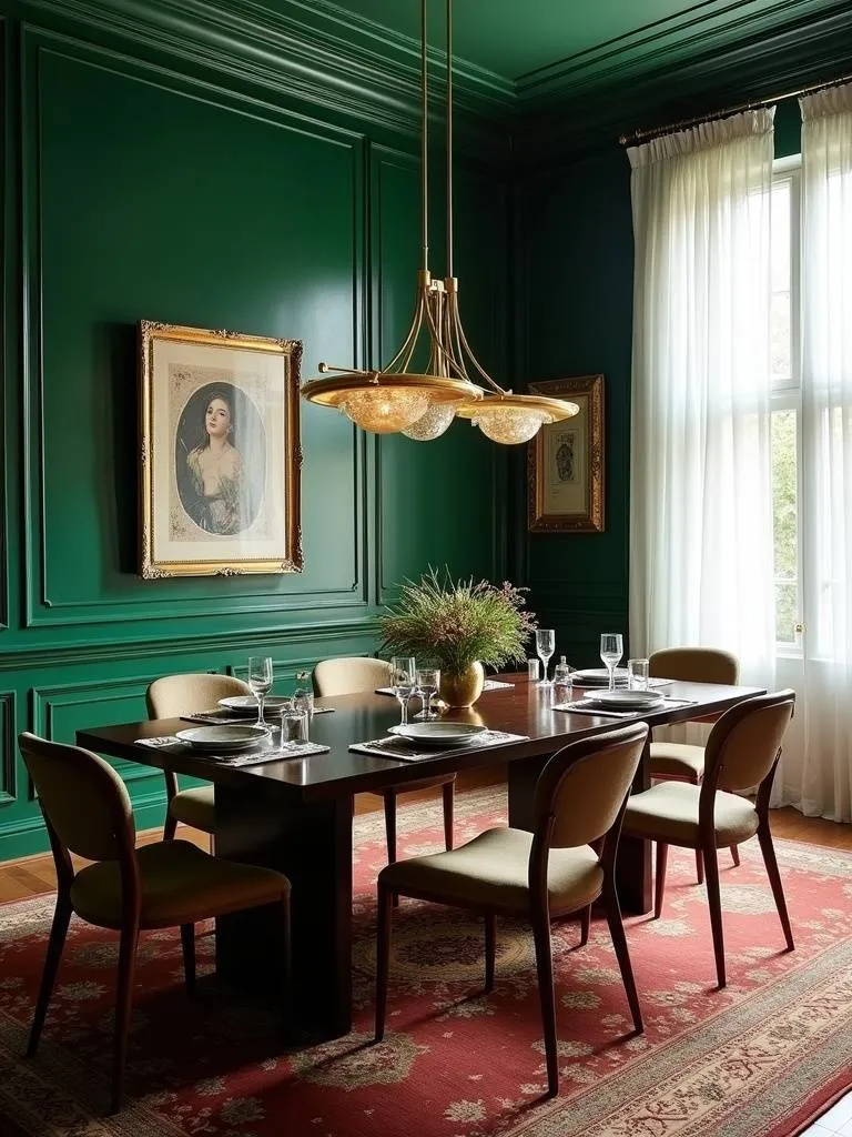 Emerald green dining room with gold accents and dark wood furniture
