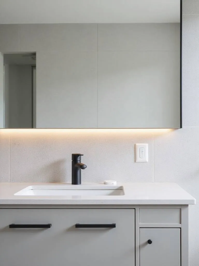 Modern bathroom featuring matte black faucet and mirror frame.