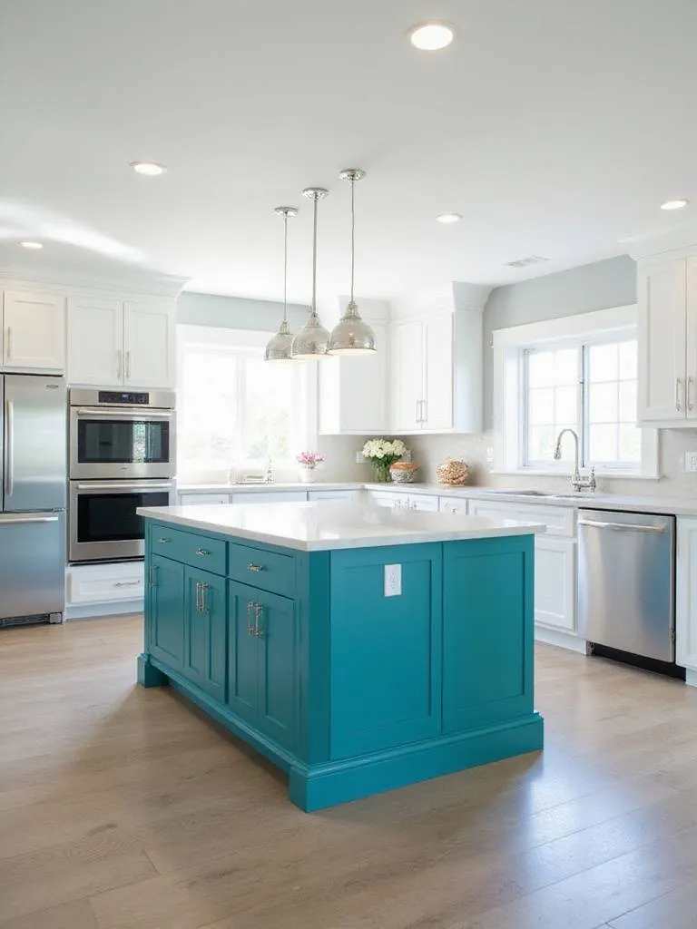 Modern kitchen with white cabinets and a bold teal kitchen island.