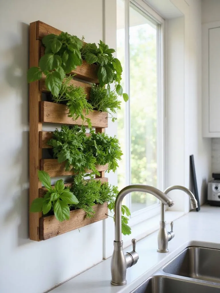 Vertical herb garden on kitchen wall with fresh herbs like basil and mint.
