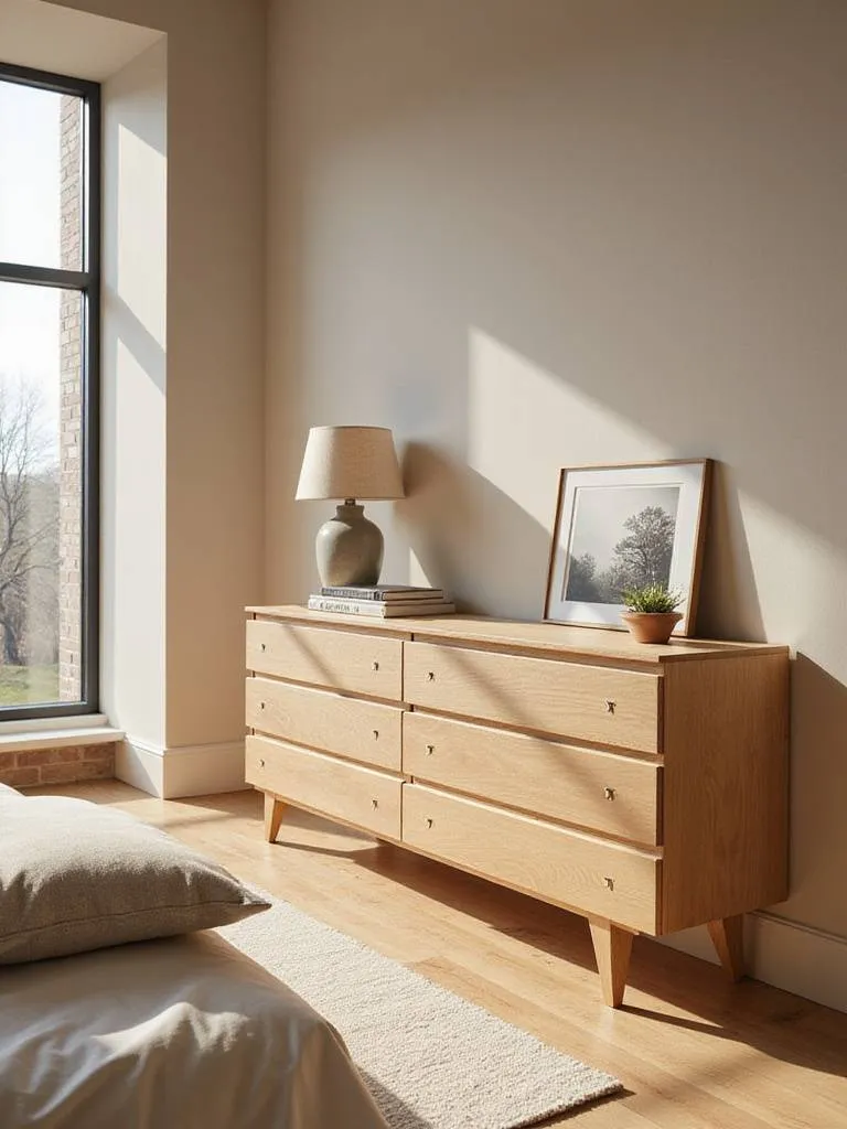 Spacious bedroom featuring a light oak horizontal dresser with decorative items on top.