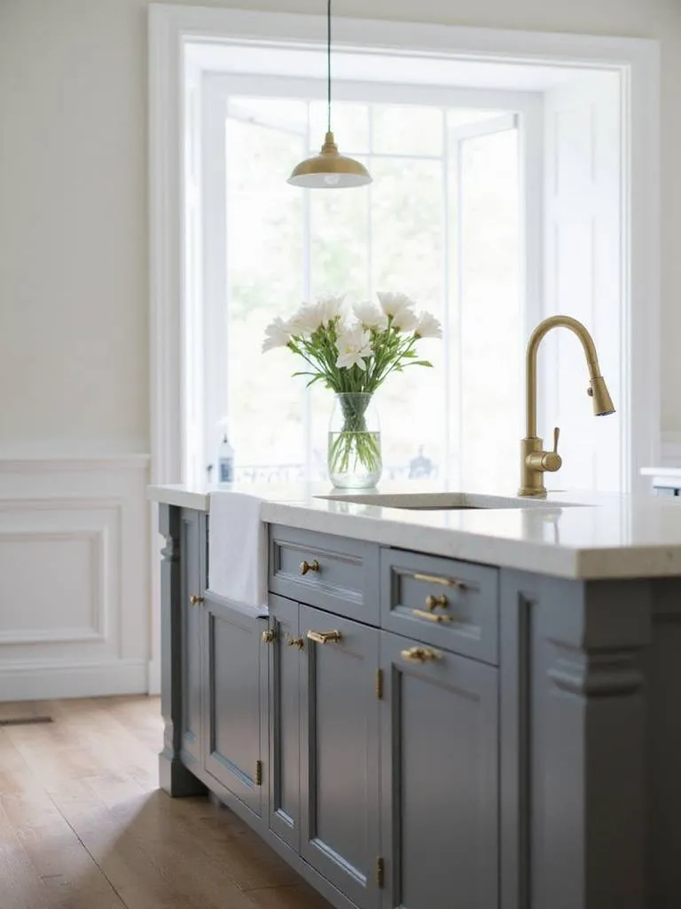 Modern kitchen with white and gray cabinets featuring brushed gold hardware and pendant lighting.