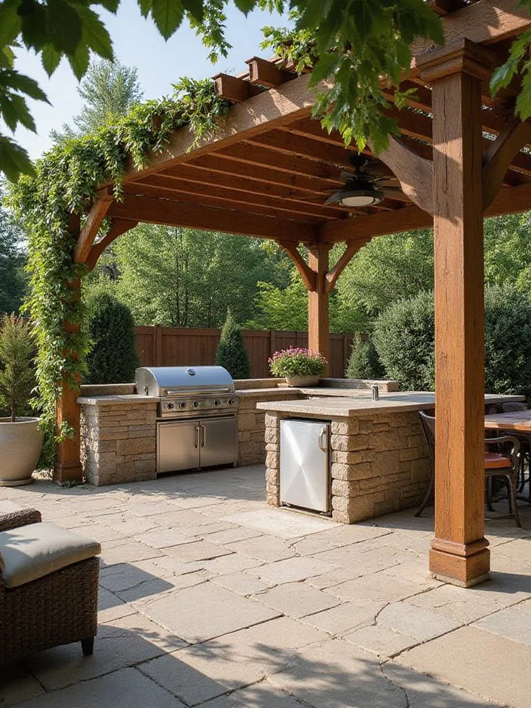 Luxury outdoor kitchen with stainless steel appliances under a vine-covered pergola.