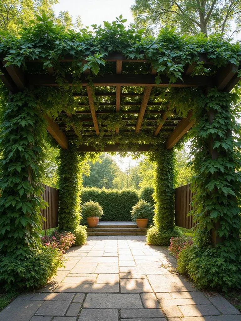 Patio pergola with a lush green canopy of climbing plants creating a shaded outdoor space.