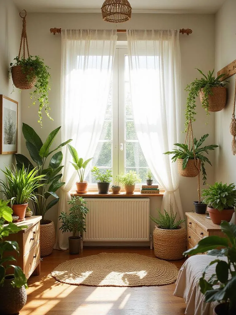 Bedroom filled with lush green plants in a bright, sunlit room.