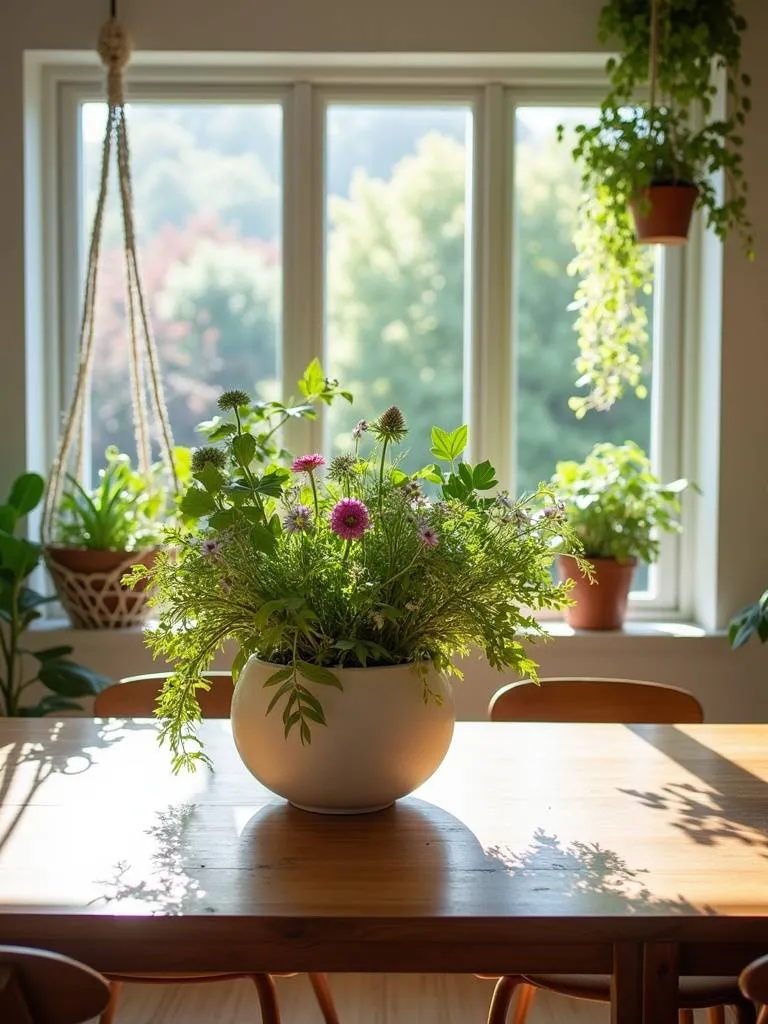Dining room with natural light and lush green plants