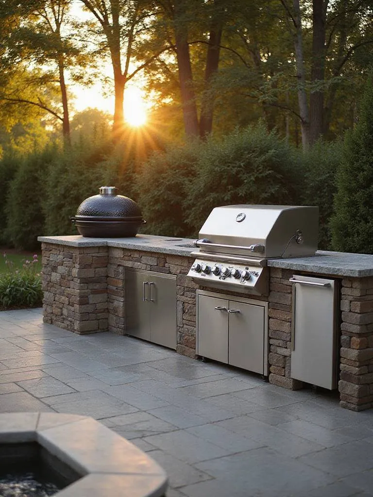 Outdoor kitchen featuring a stainless steel gas grill and a kamado grill.