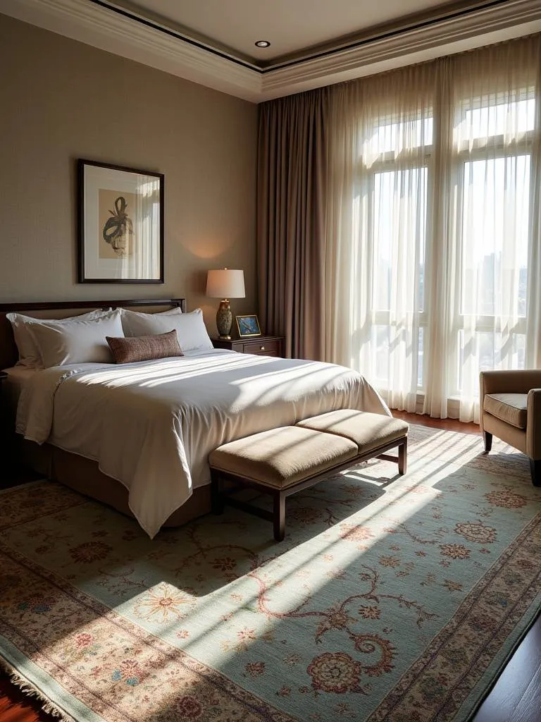 Luxurious master bedroom with hand-knotted silk area rug