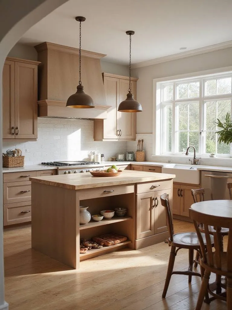 Warm and inviting kitchen with earthy brown cabinets and butcher block island.