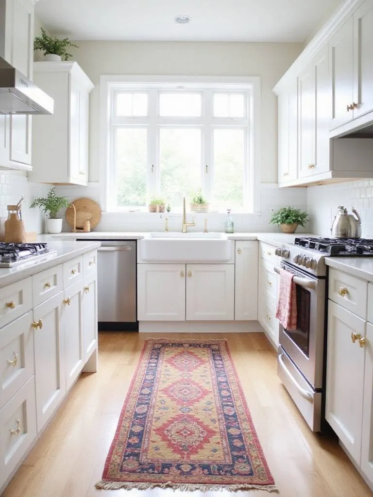 Modern kitchen with white cabinets, hardwood floors, and a colorful geometric runner rug in front of the island.