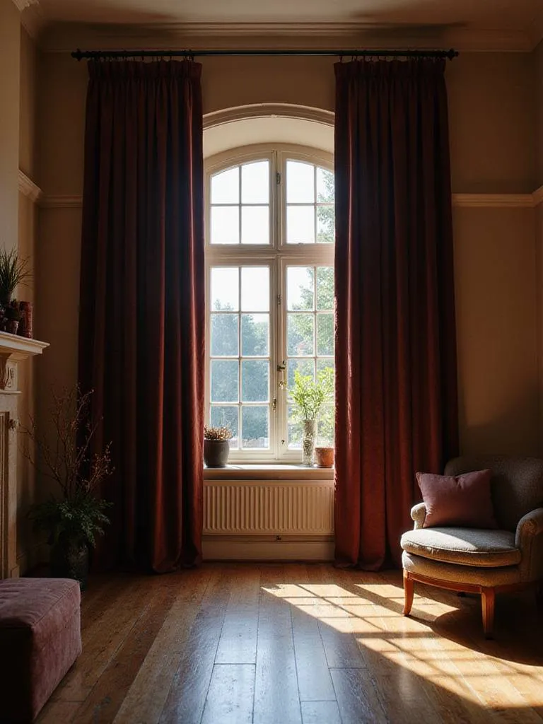 Cozy living room with heavy velvet drapes blocking drafts and enhancing warmth.