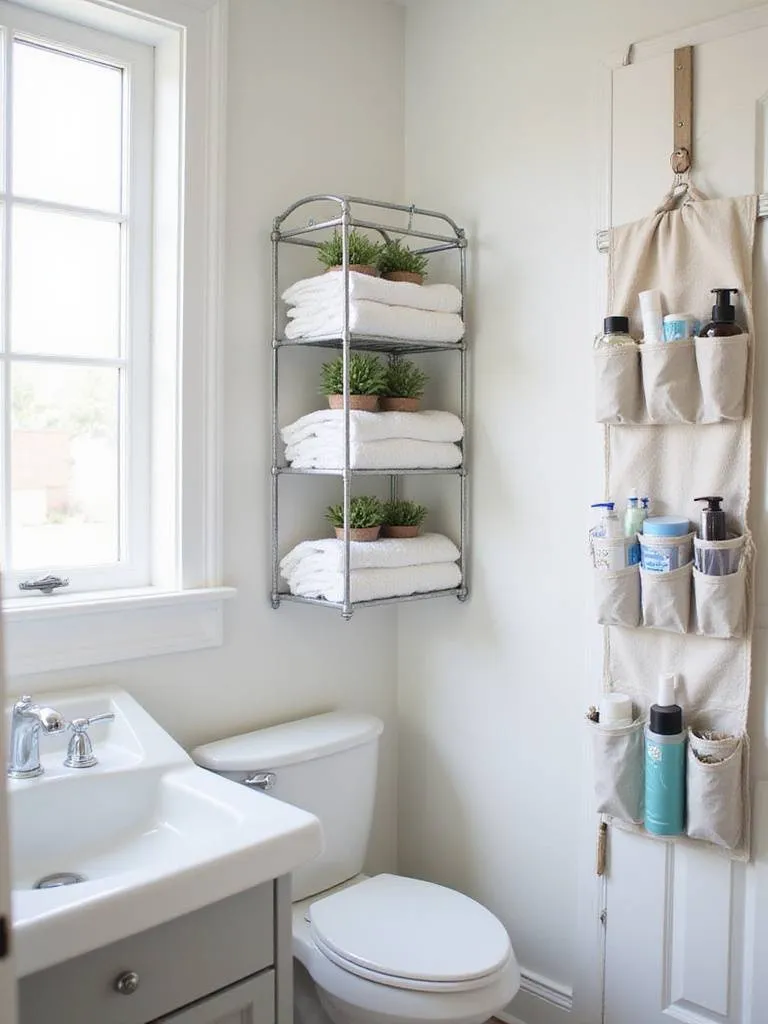 Small bathroom with hanging baskets and over-the-door organizer for maximizing vertical storage space.