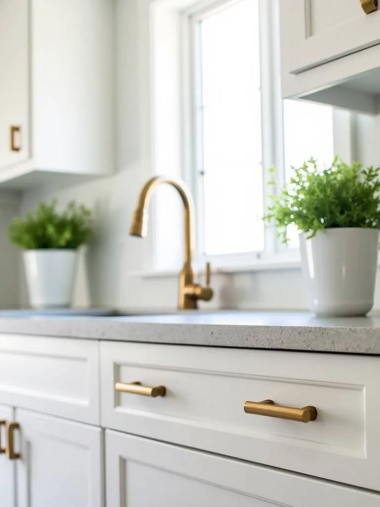 Kitchen cabinet design with brushed gold hardware: pulls on drawers, knobs on doors.