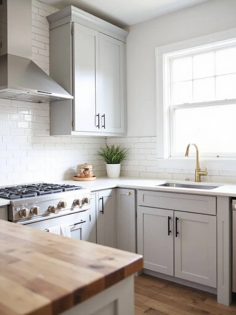 Modern kitchen with light gray cabinets, black bar pulls, and brass knobs.