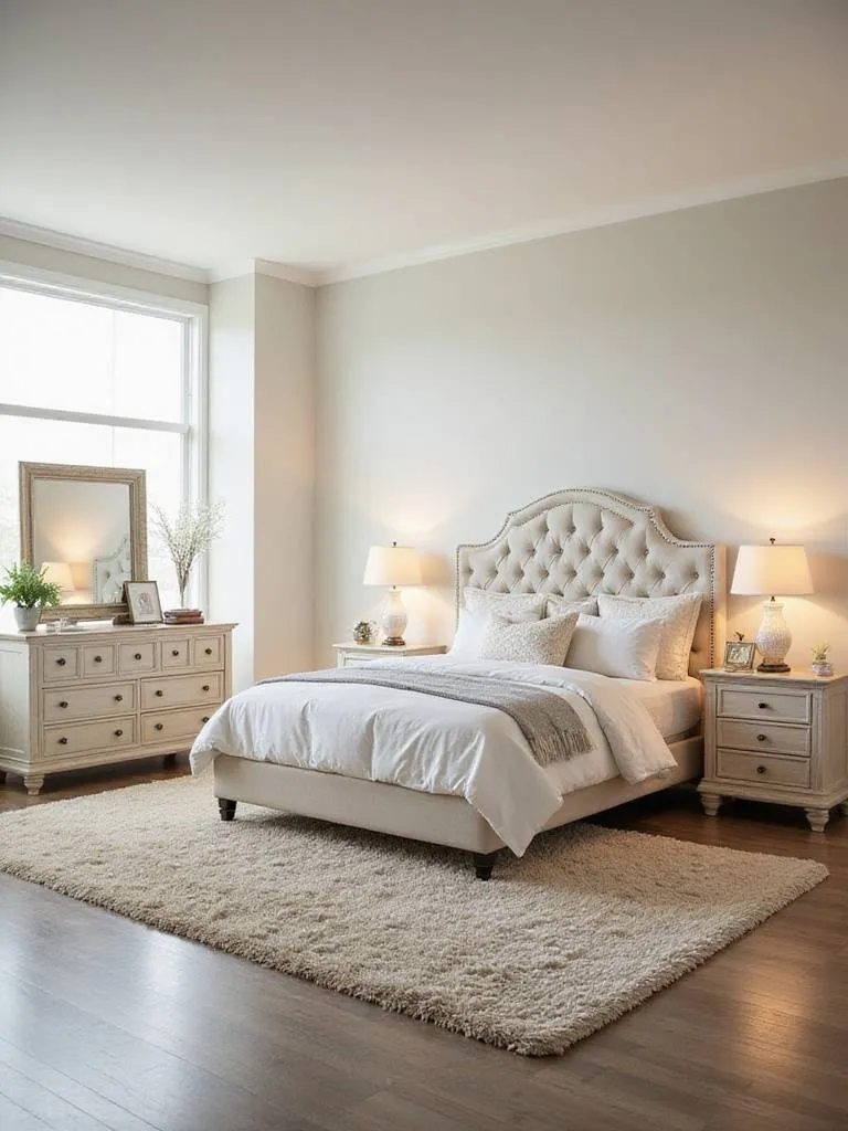 Elegant bedroom with matching furniture set in neutral tones
