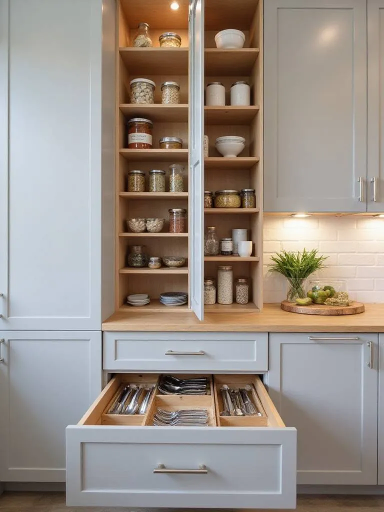 Modern kitchen with clever storage solutions including a pull-out pantry and organized drawers.