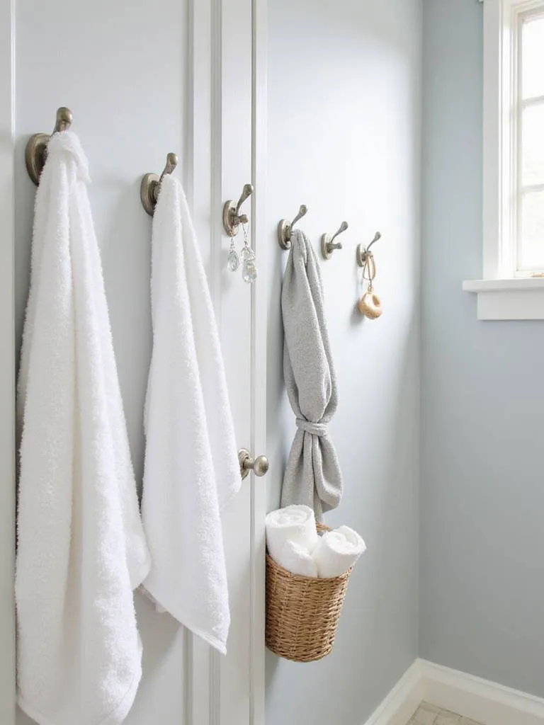 Bathroom door with brushed nickel hooks holding towels, a robe, and a basket of washcloths.