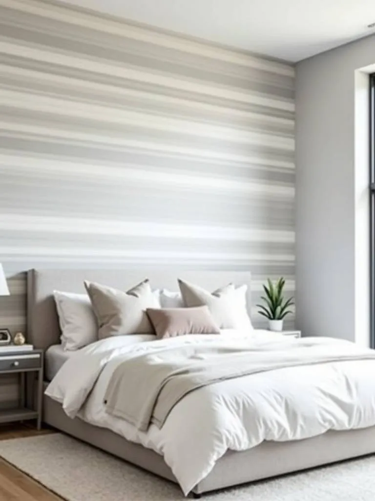 Bedroom with horizontal stripe wallpaper creating a wider, more spacious feel.
