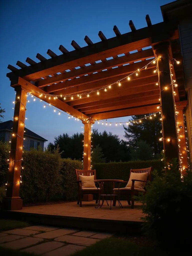 Patio pergola illuminated with warm white Edison bulb string lights at dusk.