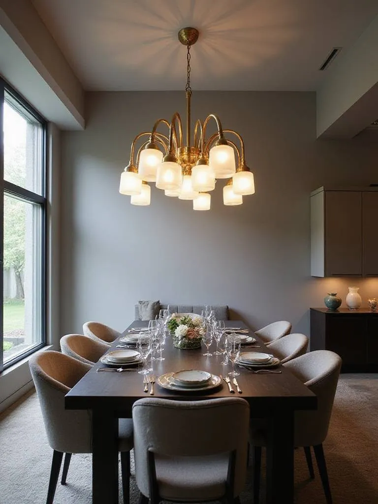 Modern dining room with a statement brass and glass chandelier illuminating a dark wood <a href=