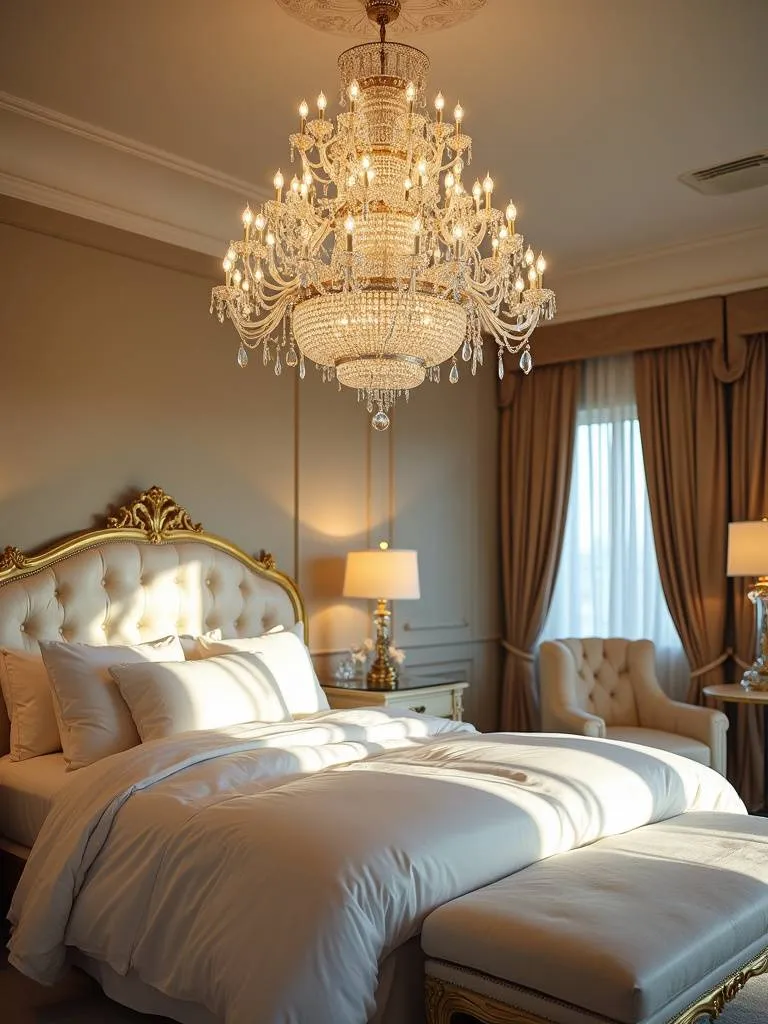Luxury bedroom with statement crystal chandelier