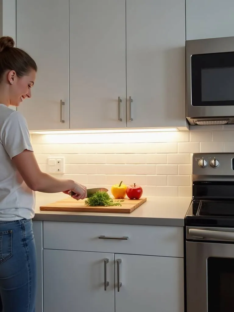 Modern kitchen with under-cabinet LED lighting illuminating countertop workspace.