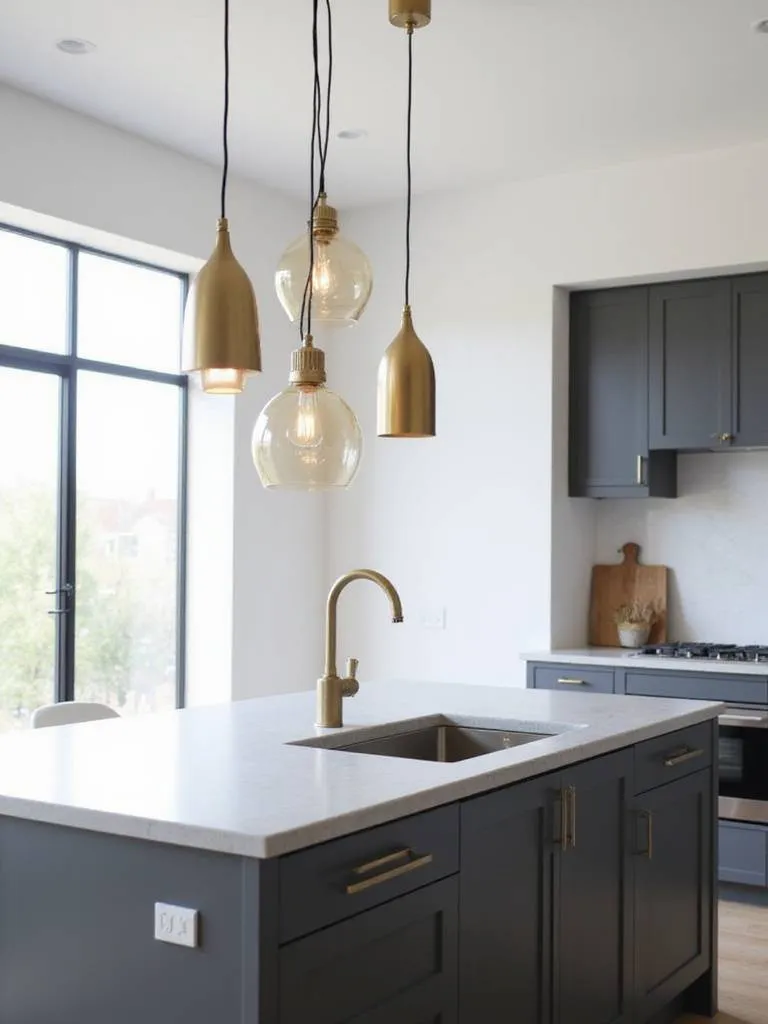 Modern kitchen with a cluster of pendant lights above the island.