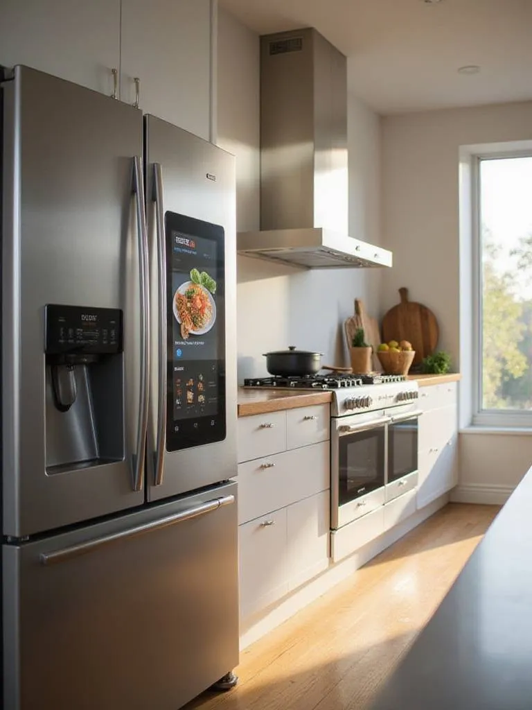Modern kitchen with smart stainless steel appliances, including a smart refrigerator and oven.