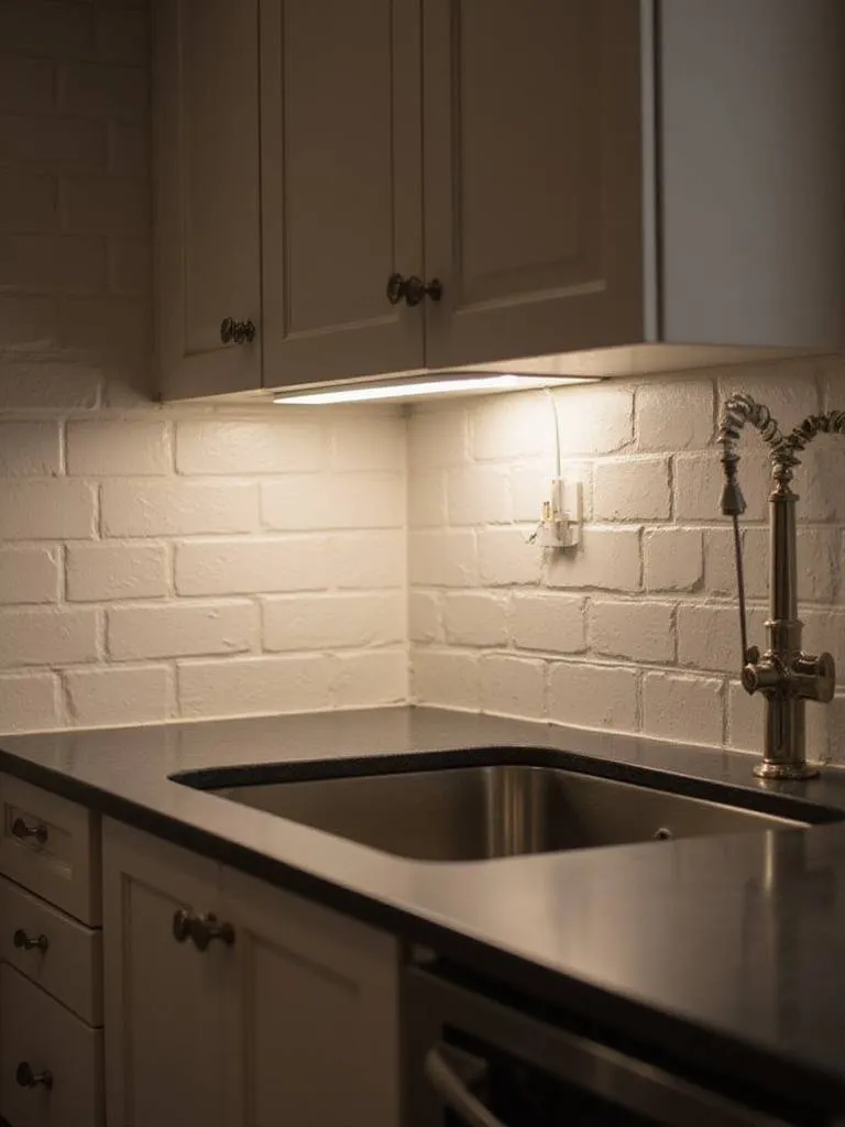 Modern kitchen with warm white LED under-cabinet lighting illuminating a dark countertop.