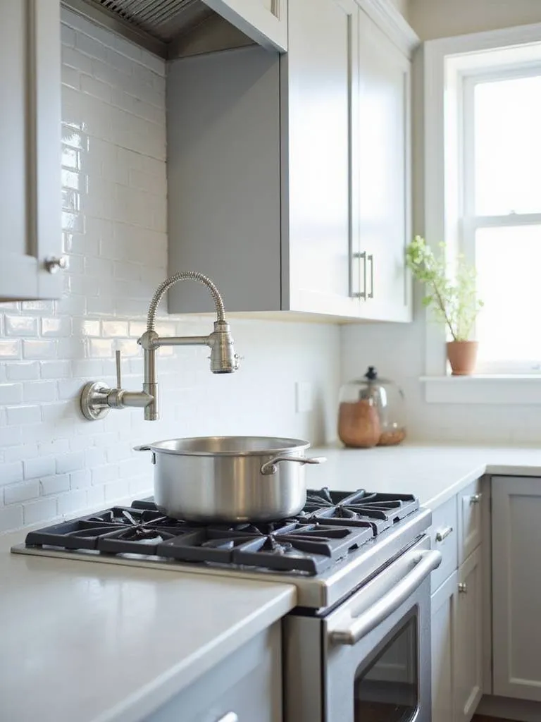 Brushed nickel pot filler faucet installed above a stainless steel stovetop in a modern kitchen.