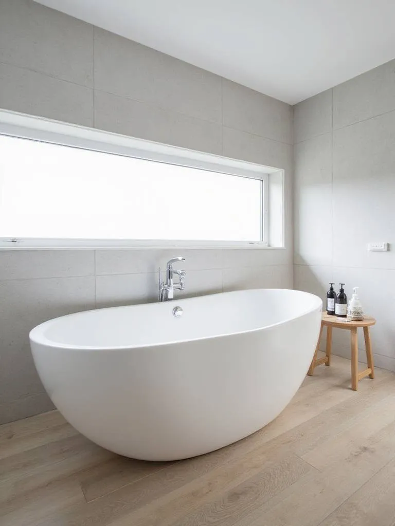 Modern bathroom with a white freestanding tub as the focal point.