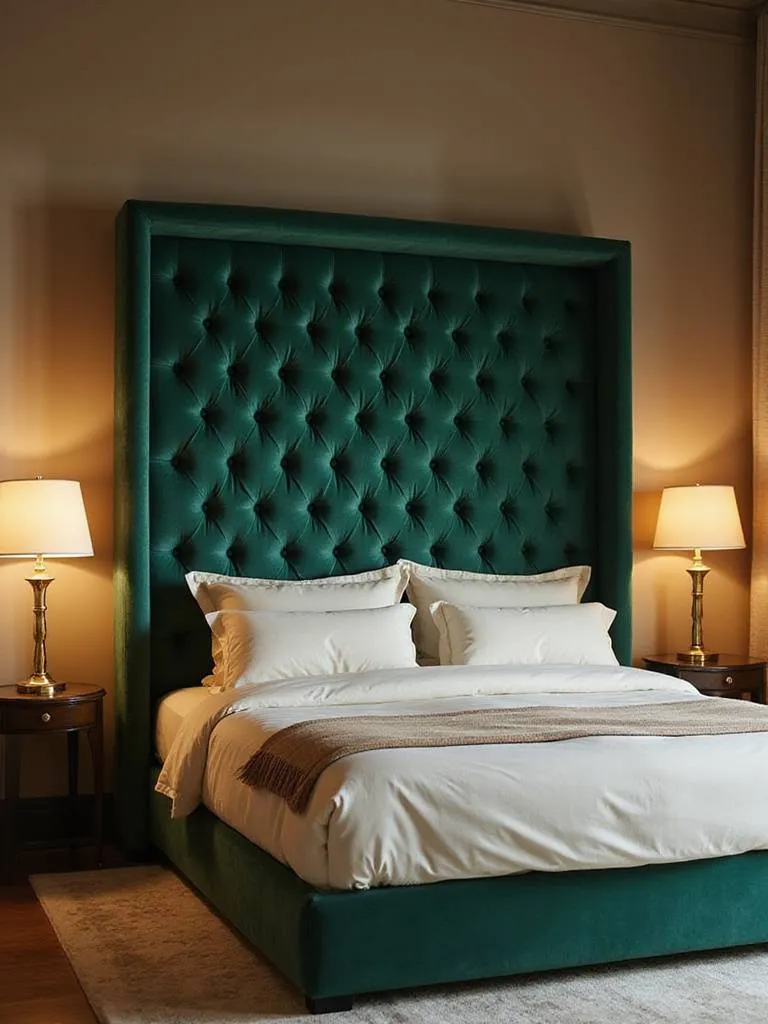 Luxurious bedroom with emerald green velvet tufted upholstered headboard