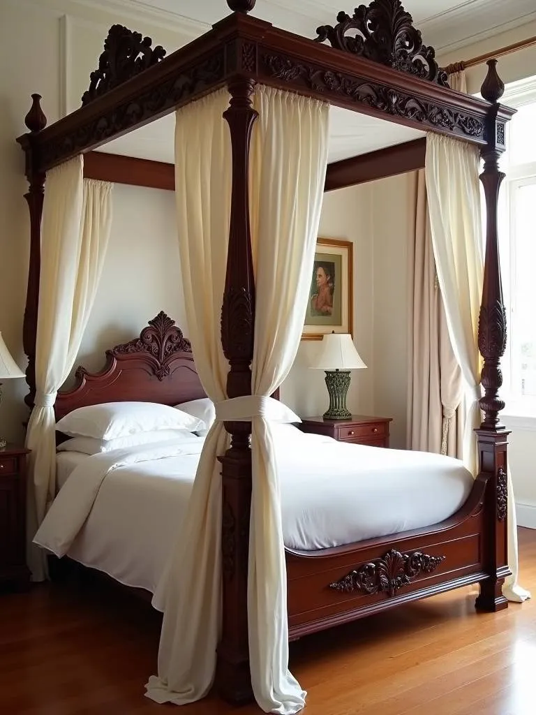 Hand-carved mahogany four-poster bed with sheer drapes in a luxurious bedroom.