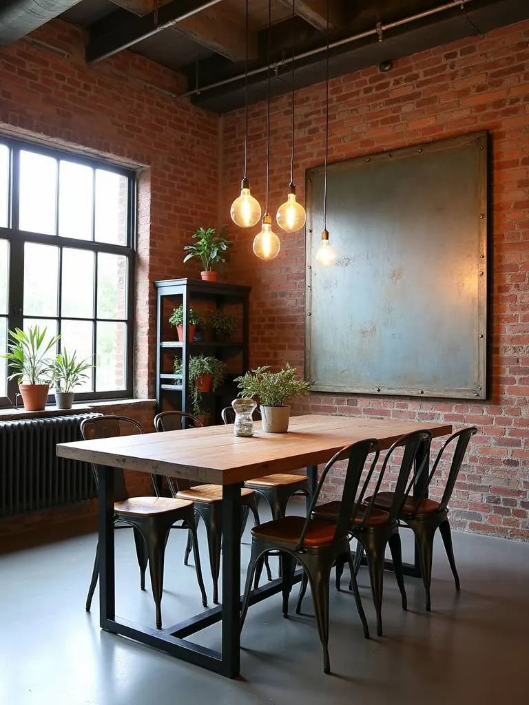 Industrial chic dining room with exposed brick wall, reclaimed wood table, and metal accents