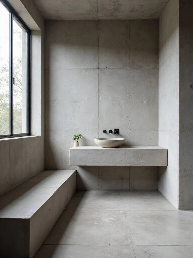 Modern bathroom with concrete vanity, sink, and accent wall.