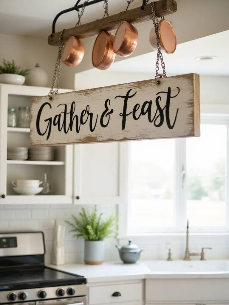 Rustic wooden kitchen sign with 'Gather & Feast' phrase hanging in farmhouse kitchen